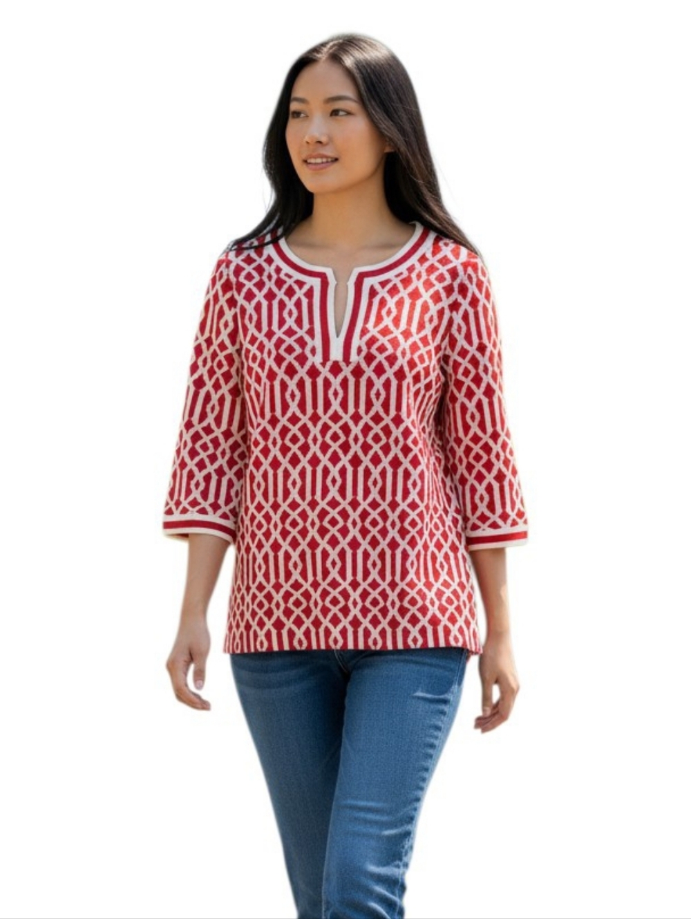 St John Sport Knit Tunic Top Red White Geometric 3/4 Sleeve Designer Blouse M